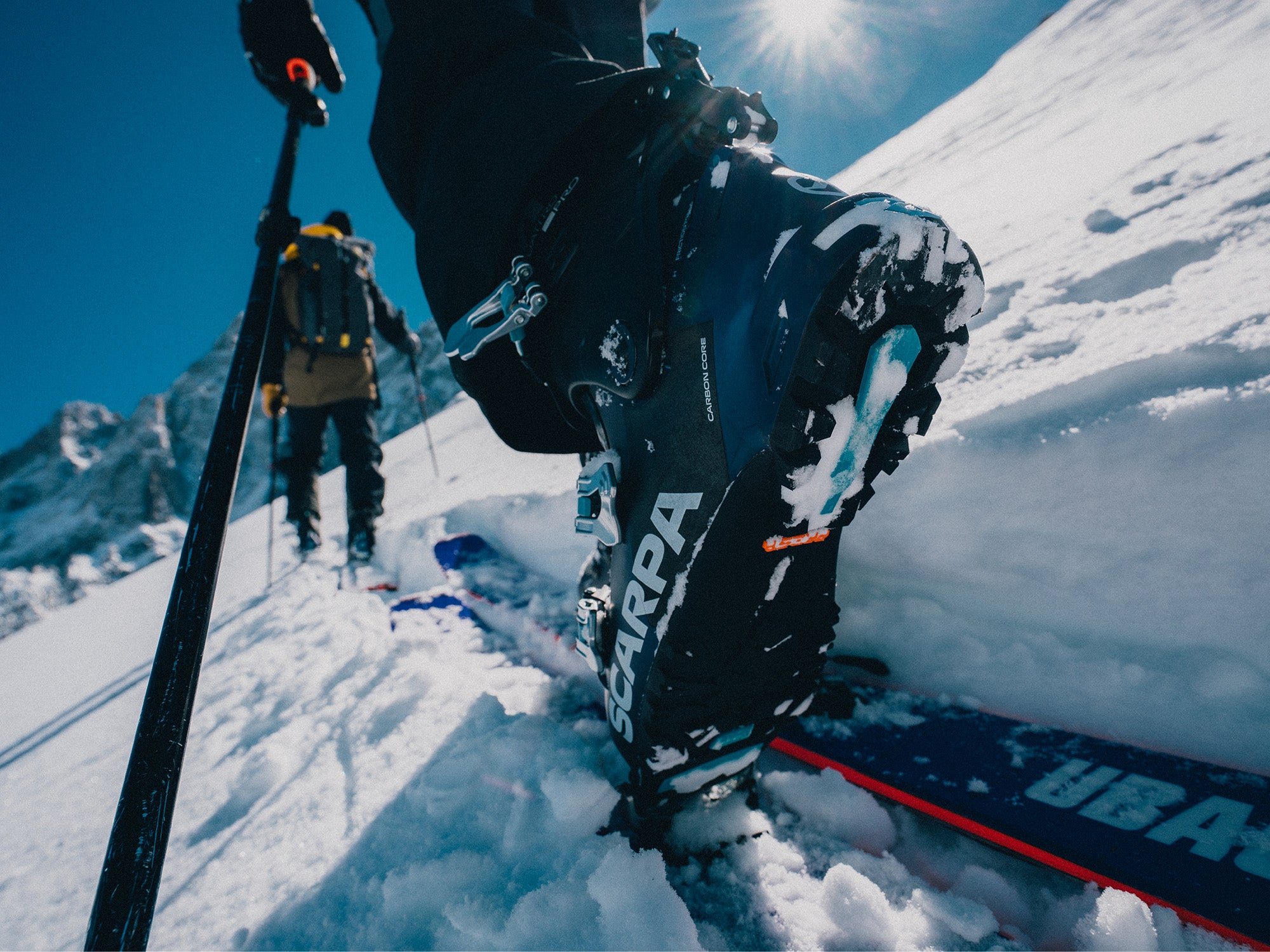 Close-up of SCARPA 4-Quattro PRO ski mountaineering boots.