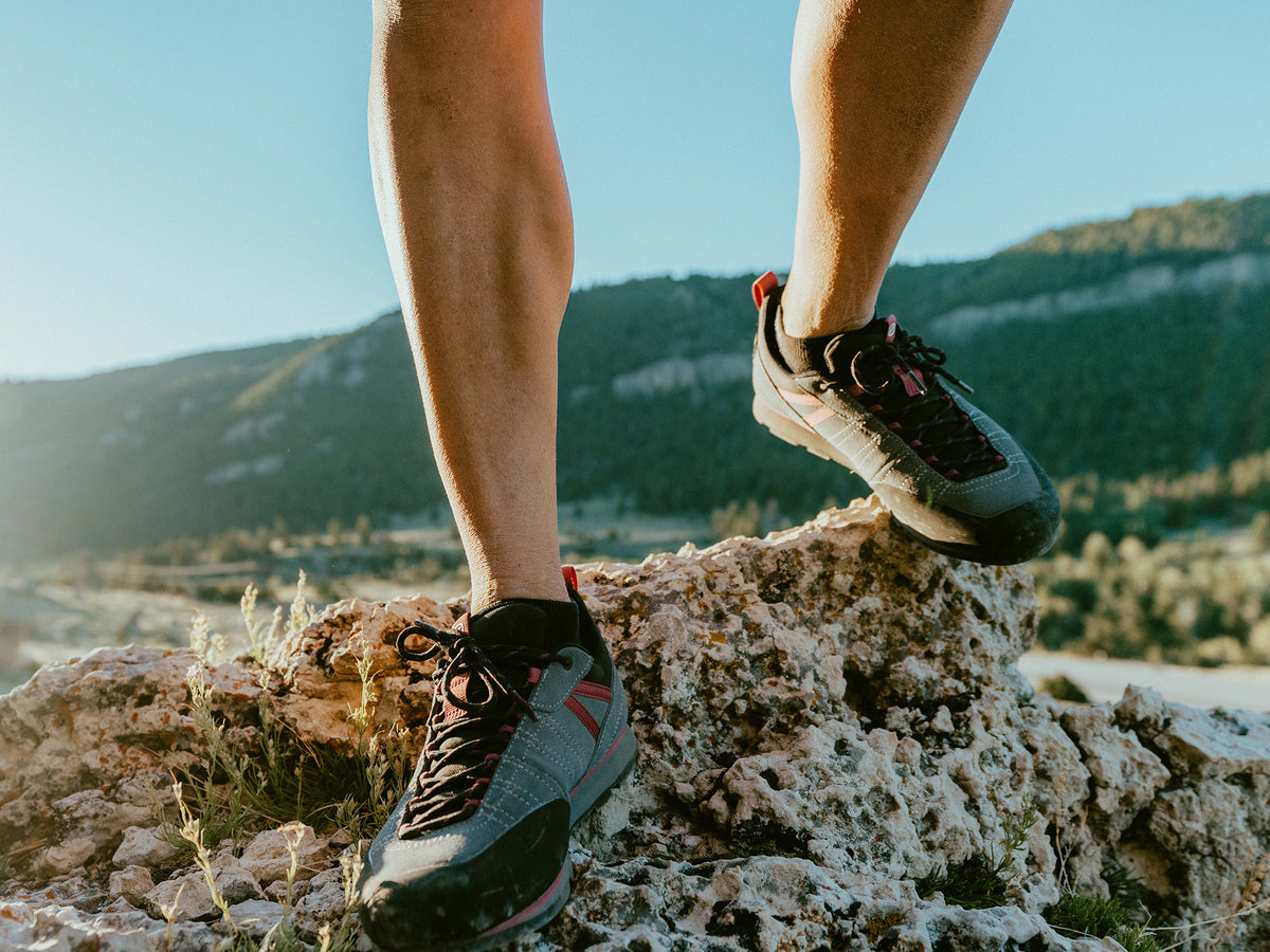 Close-up on SCARPA Crux 2 approach shoes.