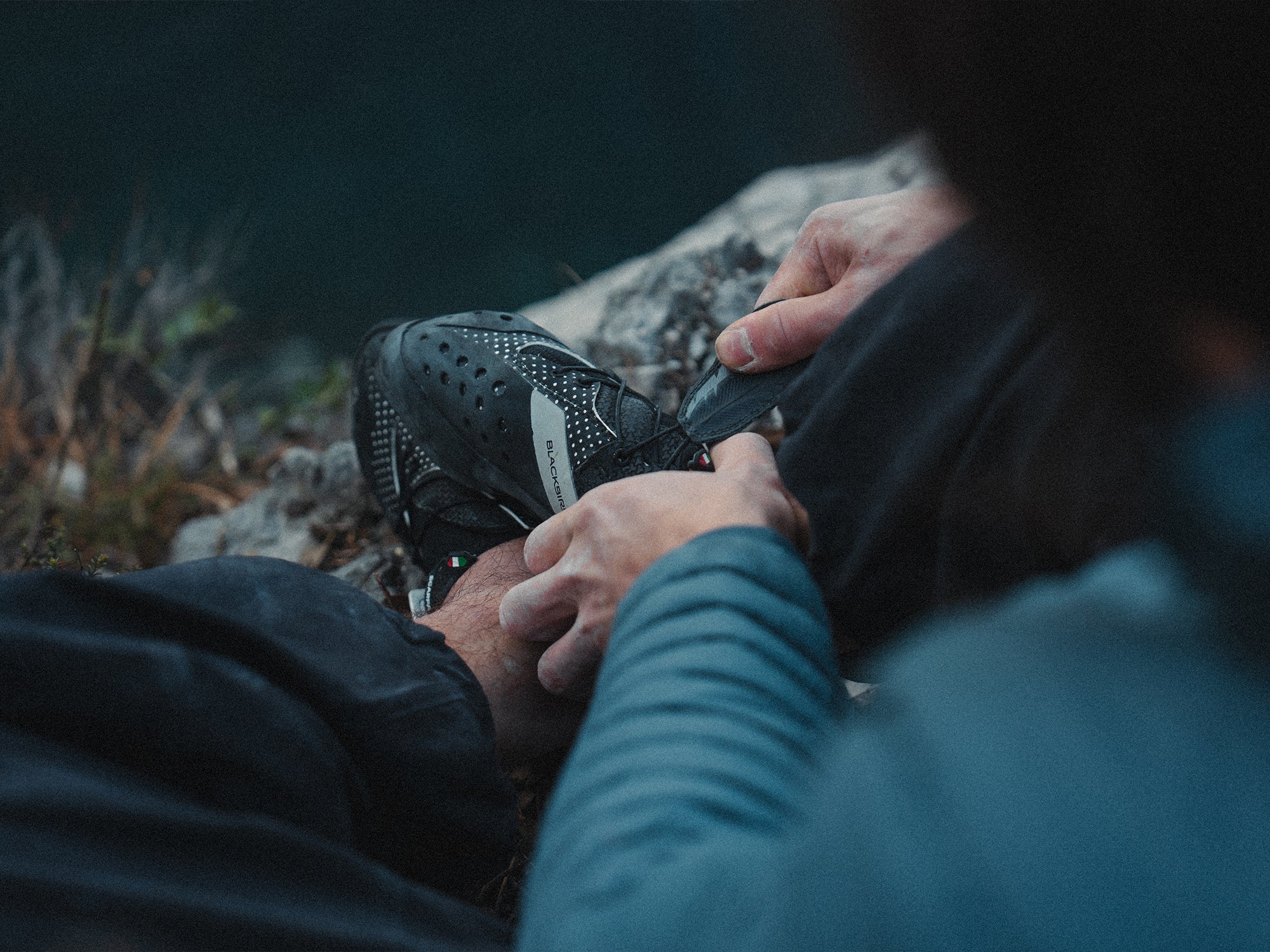 Close-up of SCARPA Blackbird climbing shoe lacing system