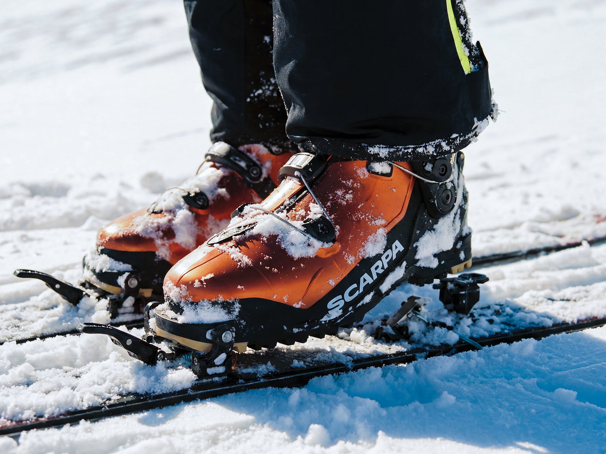 Close-up of SCARPA's F1 RS ski mountaineering boots.