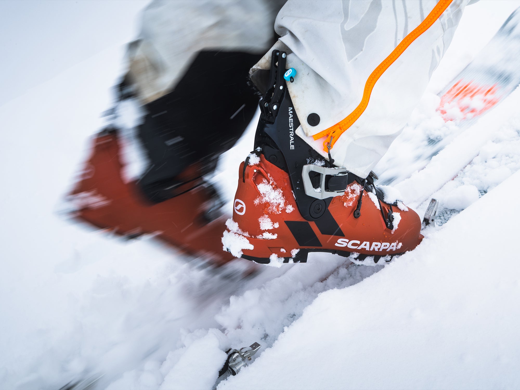 Close-up of SCARPA's Maestrale ski mountaineering boots.