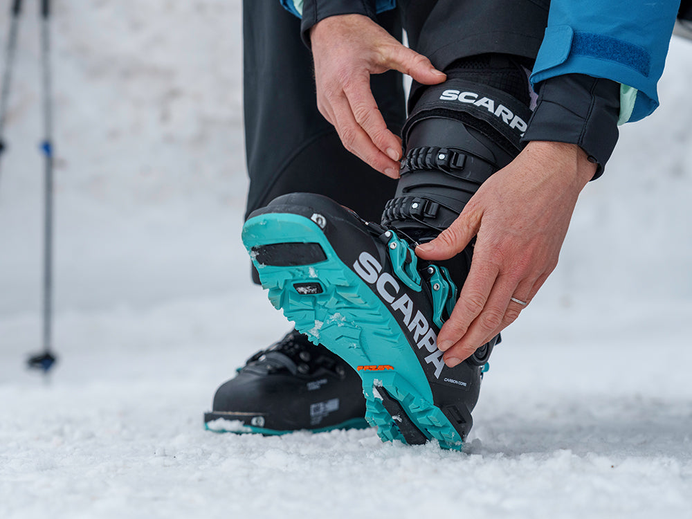 Close up of SCARPA's ski mountaineering boots 4-QUATTRO SL