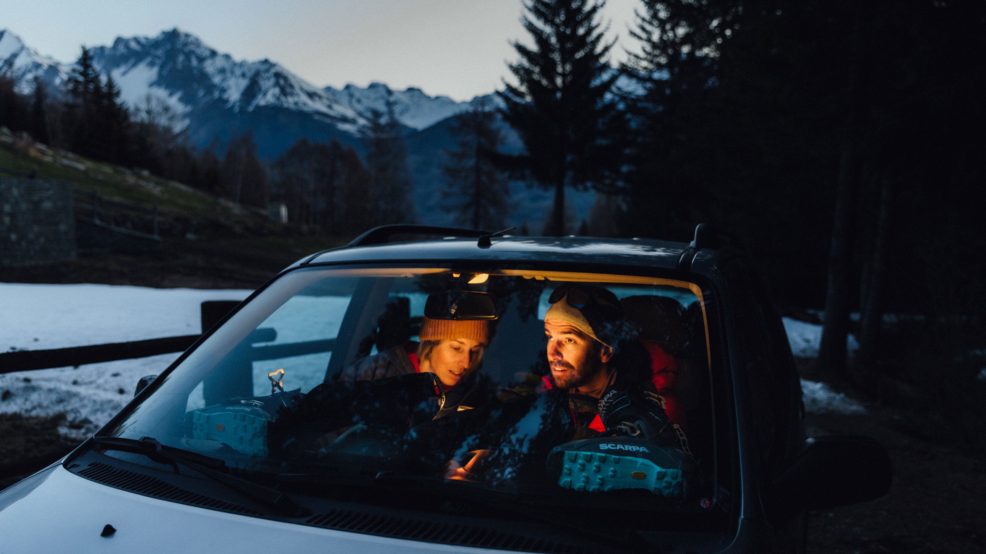 Two skies with SCARPA's F1 GT ski touring boot