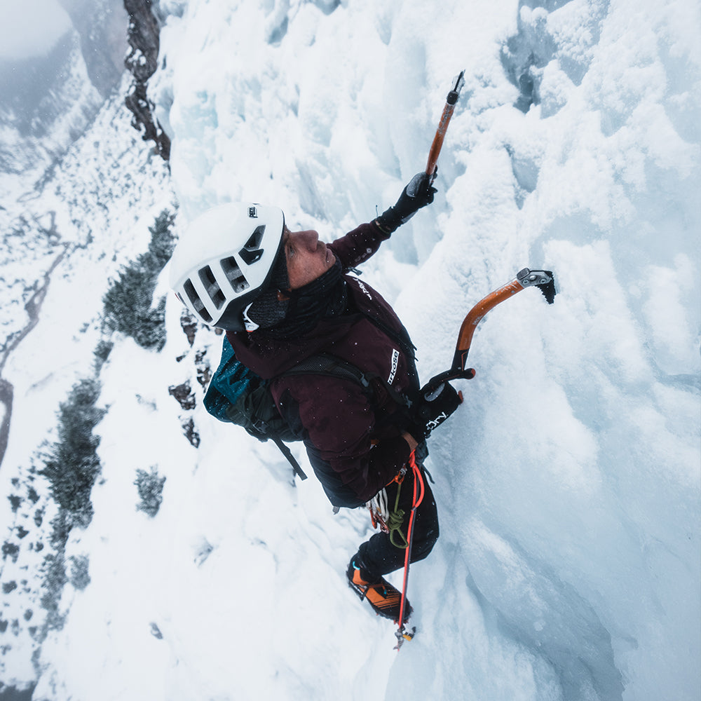 Mathieu Maynadier ice climbing in the Dolomites