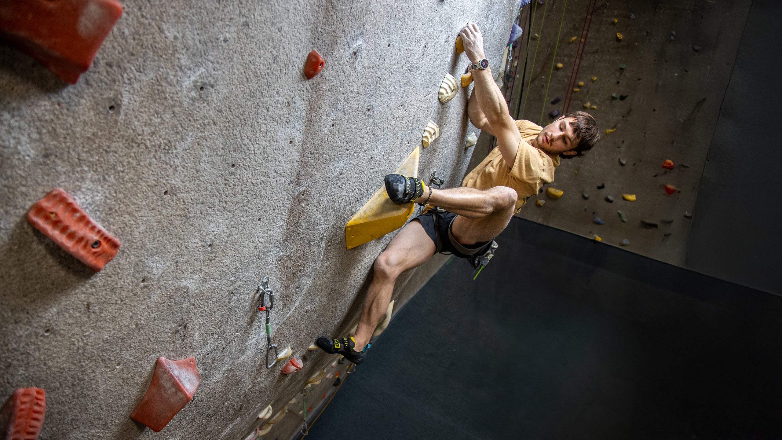 Climber during SCARPA's demo tour wearing SCARPA's climbing shoes