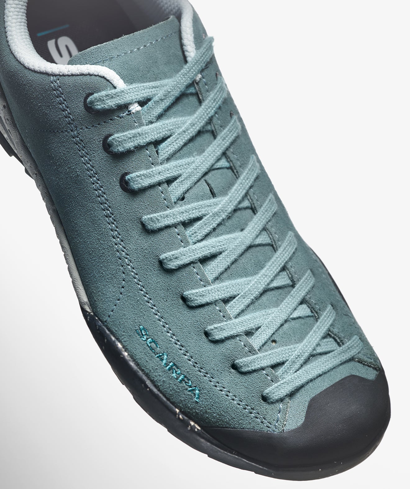 Close-up of the extended lacing on SCARPA's Mojito Planet Suede.