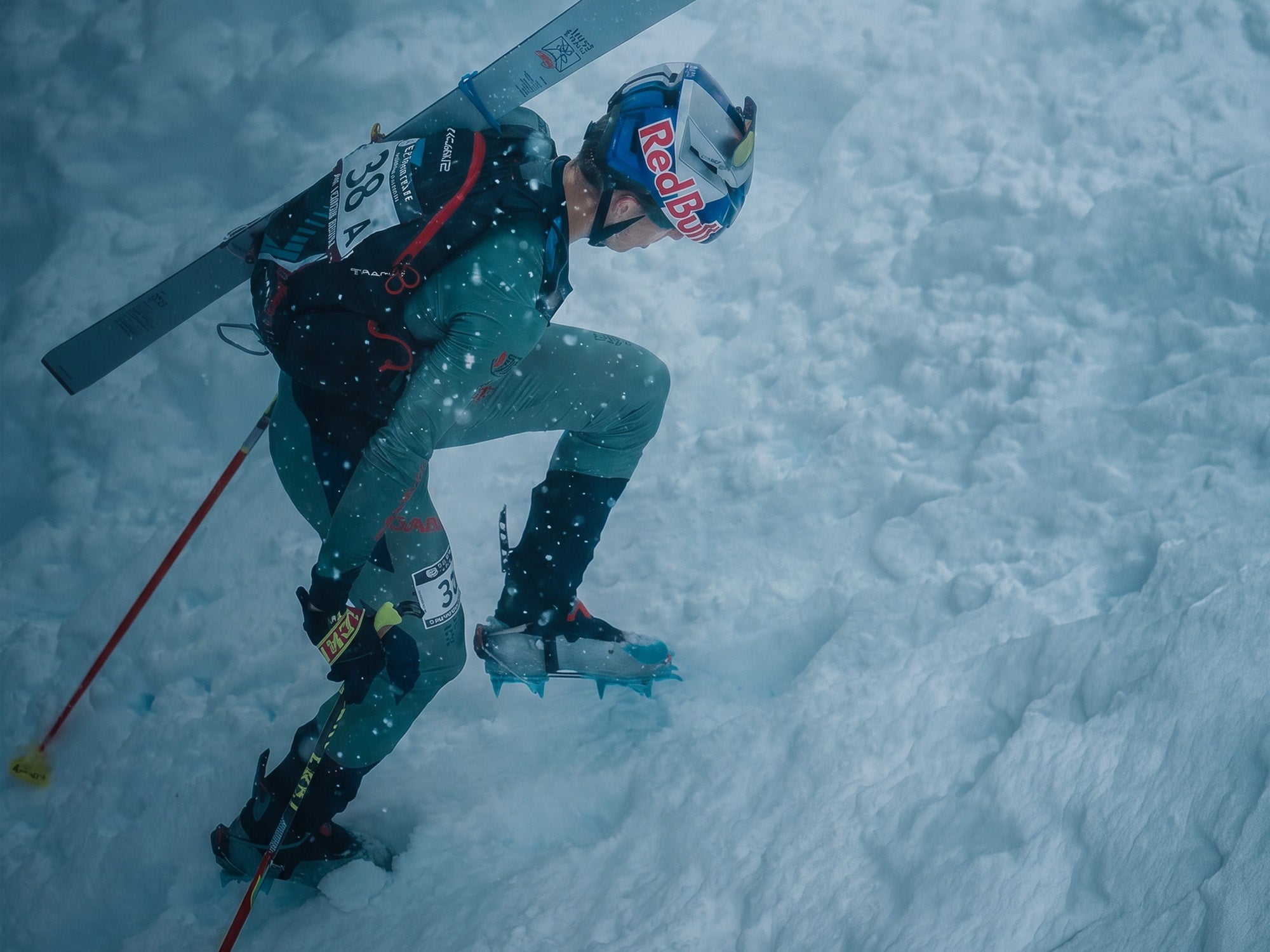 A ski mountaineer competing on a snowy slope wearing SCARPA Alien 5.0 boots.