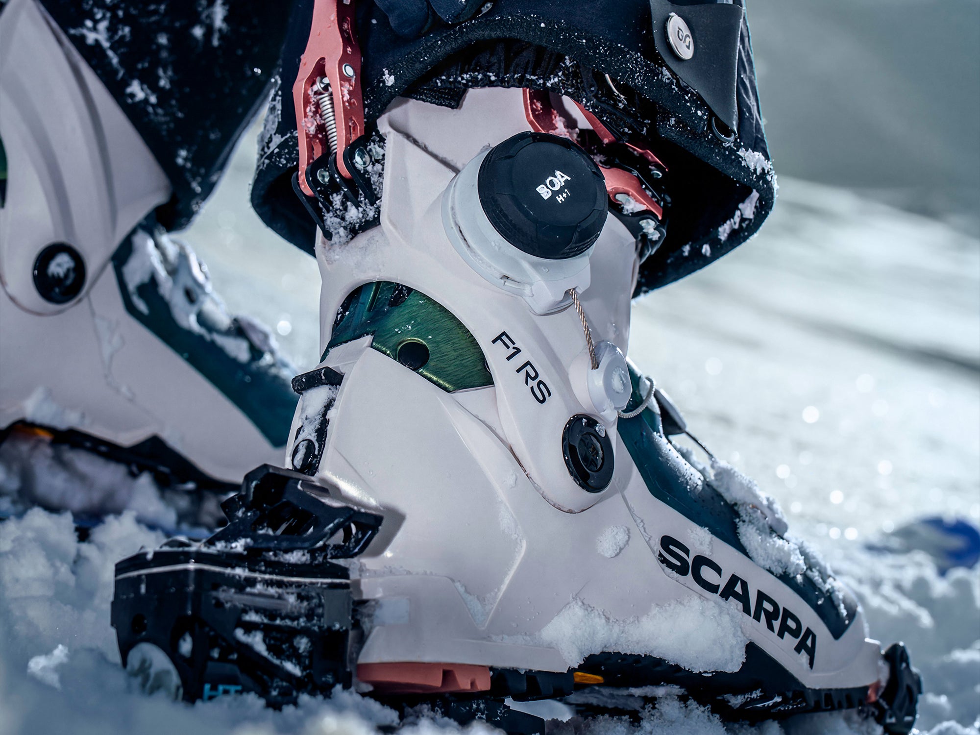 Close-up of SCARPA's F1 RS Woman ski mountaineering boots.