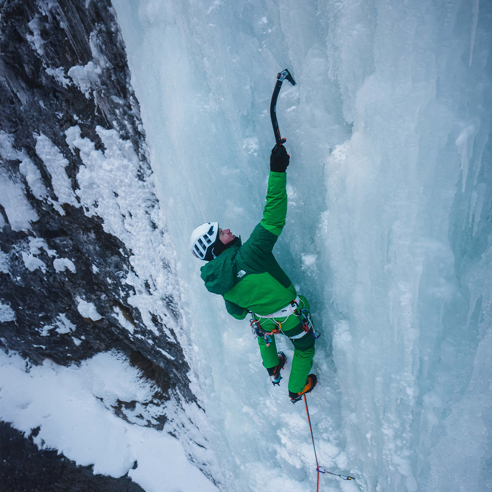 Athlete Maths Dumas ice climbing during SCARPA Ice Day 2026