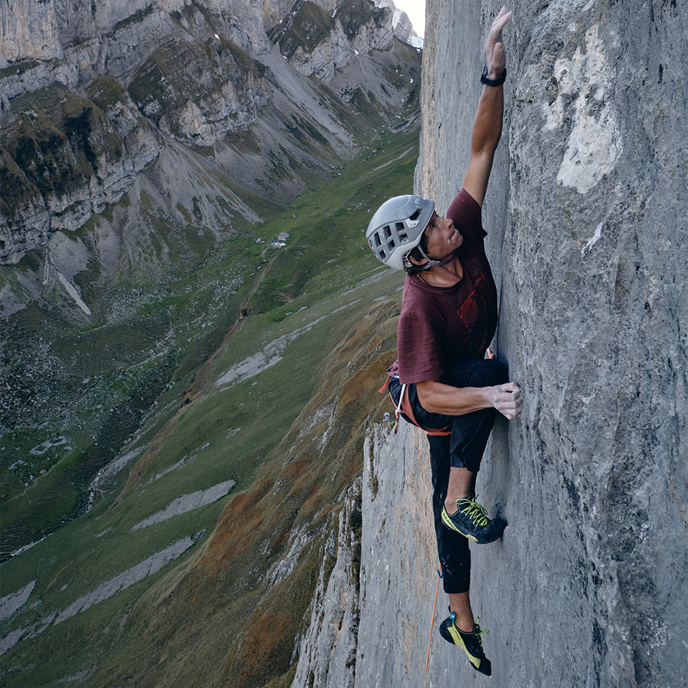 Michi Wohlleben climbing with his favorite SCARPA shoes